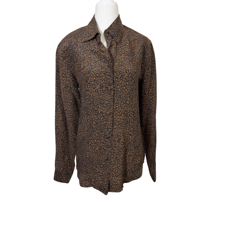 Allison Taylor 100% Silk Leopard Print Button Down Blouse Brown Black Small